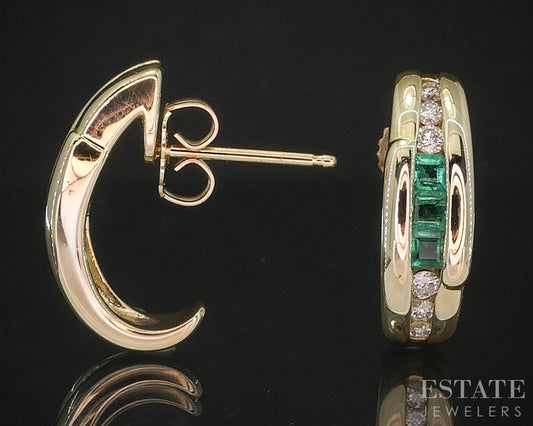 14k Yellow Gold Natural Emerald & Diamond J-Hoop Earrings 4.9g p14815