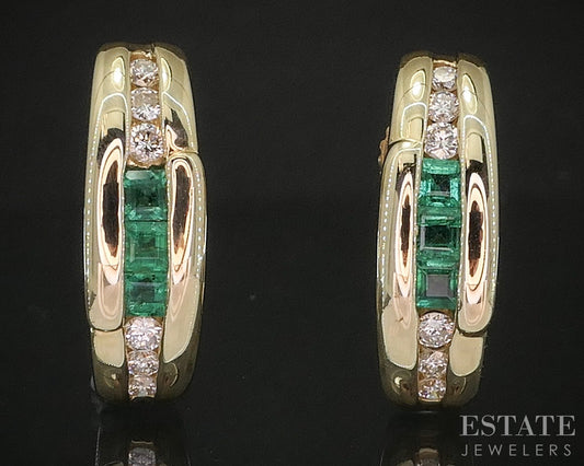 14k Yellow Gold Natural Emerald & Diamond J-Hoop Earrings 4.9g p14815