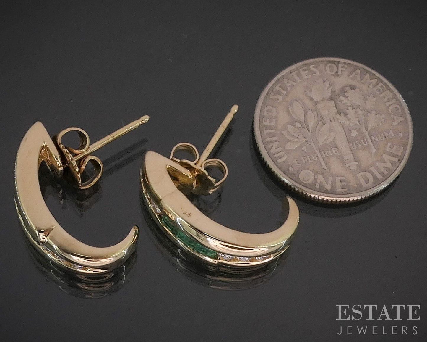 14k Yellow Gold Natural Emerald & Diamond J-Hoop Earrings 4.9g p14815