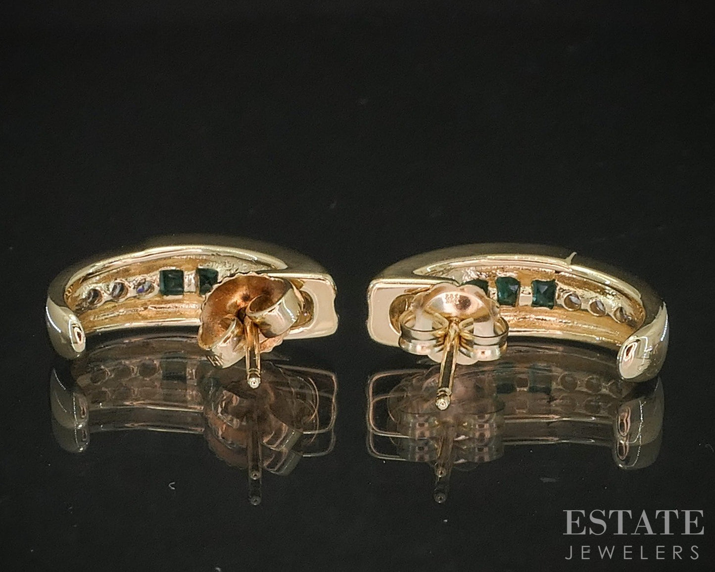 14k Yellow Gold Natural Emerald & Diamond J-Hoop Earrings 4.9g p14815