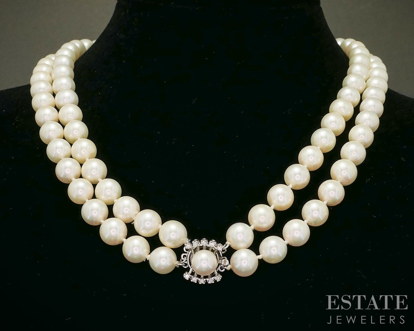 Vintage 14k White Gold 9mm Akoya Pearl Diamond Necklace 19"L p17005