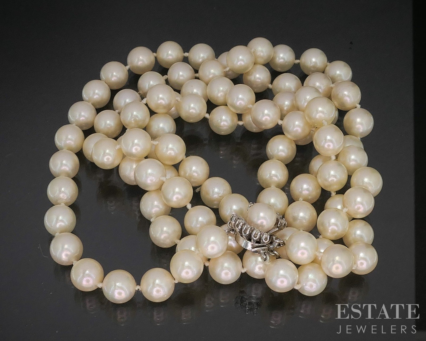 Vintage 14k White Gold 9mm Akoya Pearl Diamond Necklace 19"L p17005