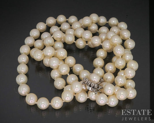 Vintage 14k White Gold 9mm Akoya Pearl Diamond Necklace 19"L p17005