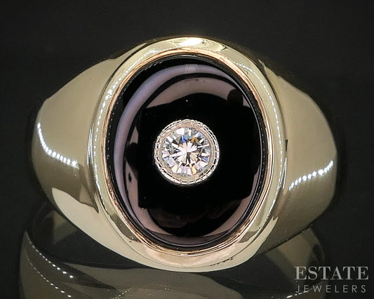 Vintage 14k Yellow Gold Natural Black Onyx & Diamond Band Ring 10.1g p15502