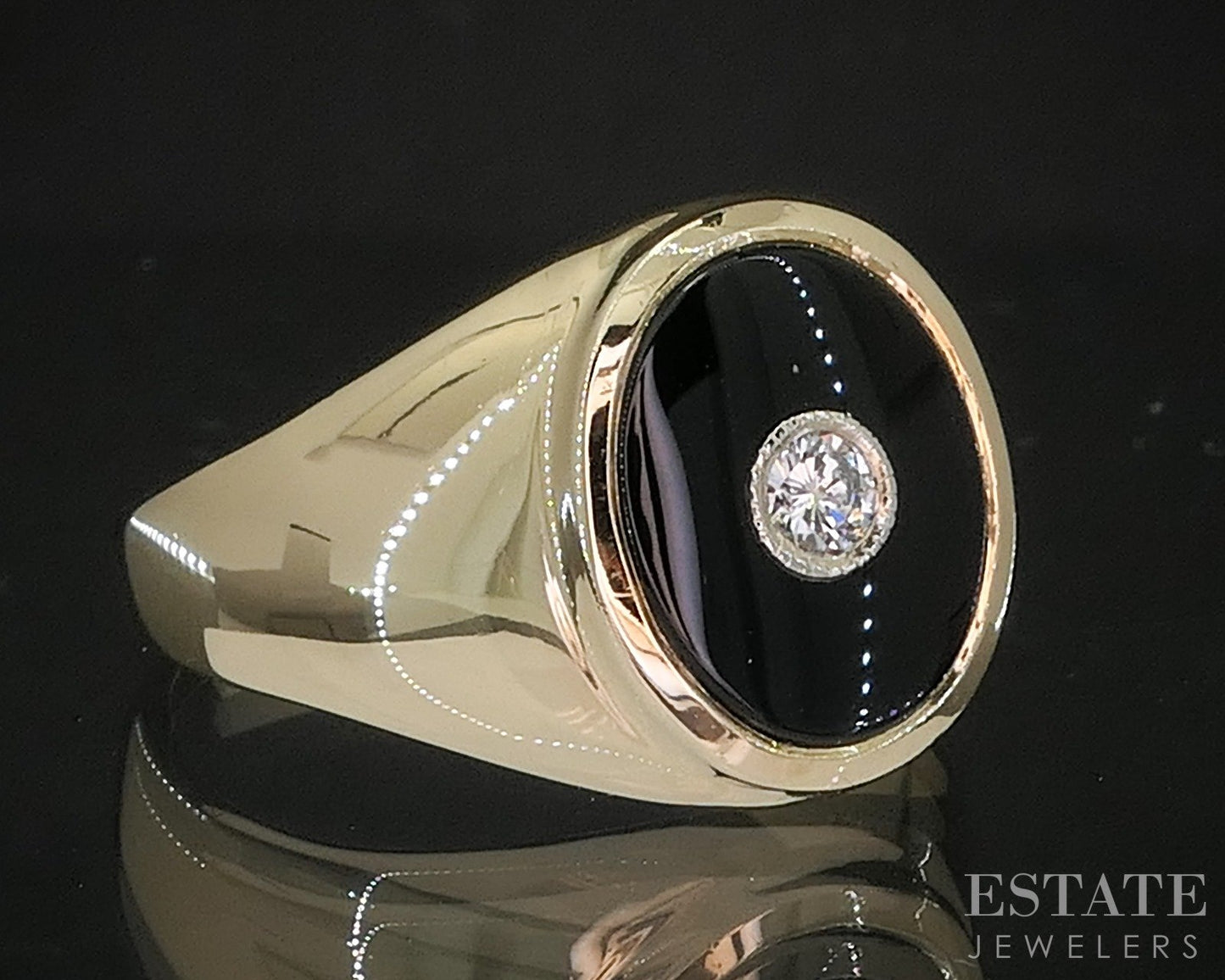 Vintage 14k Yellow Gold Natural Black Onyx & Diamond Band Ring 10.1g p15502