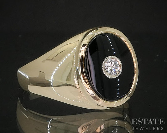Vintage 14k Yellow Gold Natural Black Onyx & Diamond Band Ring 10.1g p15502