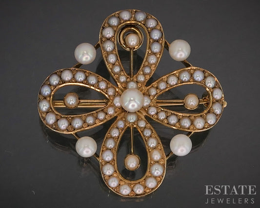 Antique Victorian 14k Yellow Gold Flower Seed Pearl Pin Pendant 5.3g p14789