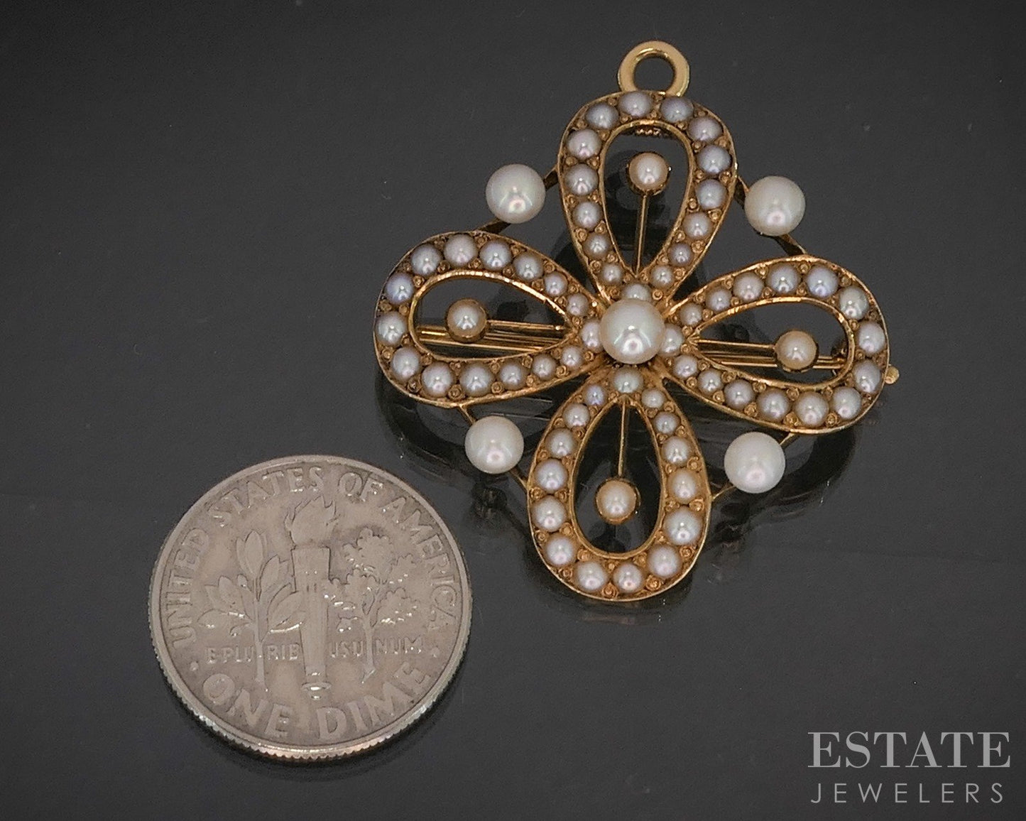 Antique Victorian 14k Yellow Gold Flower Seed Pearl Pin Pendant 5.3g p14789