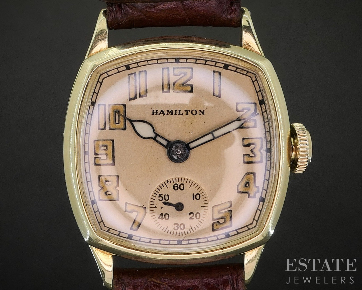 Antique 1928 14k Yellow Gold Hamilton 987 Engraved Cushion Mens Watch p17023