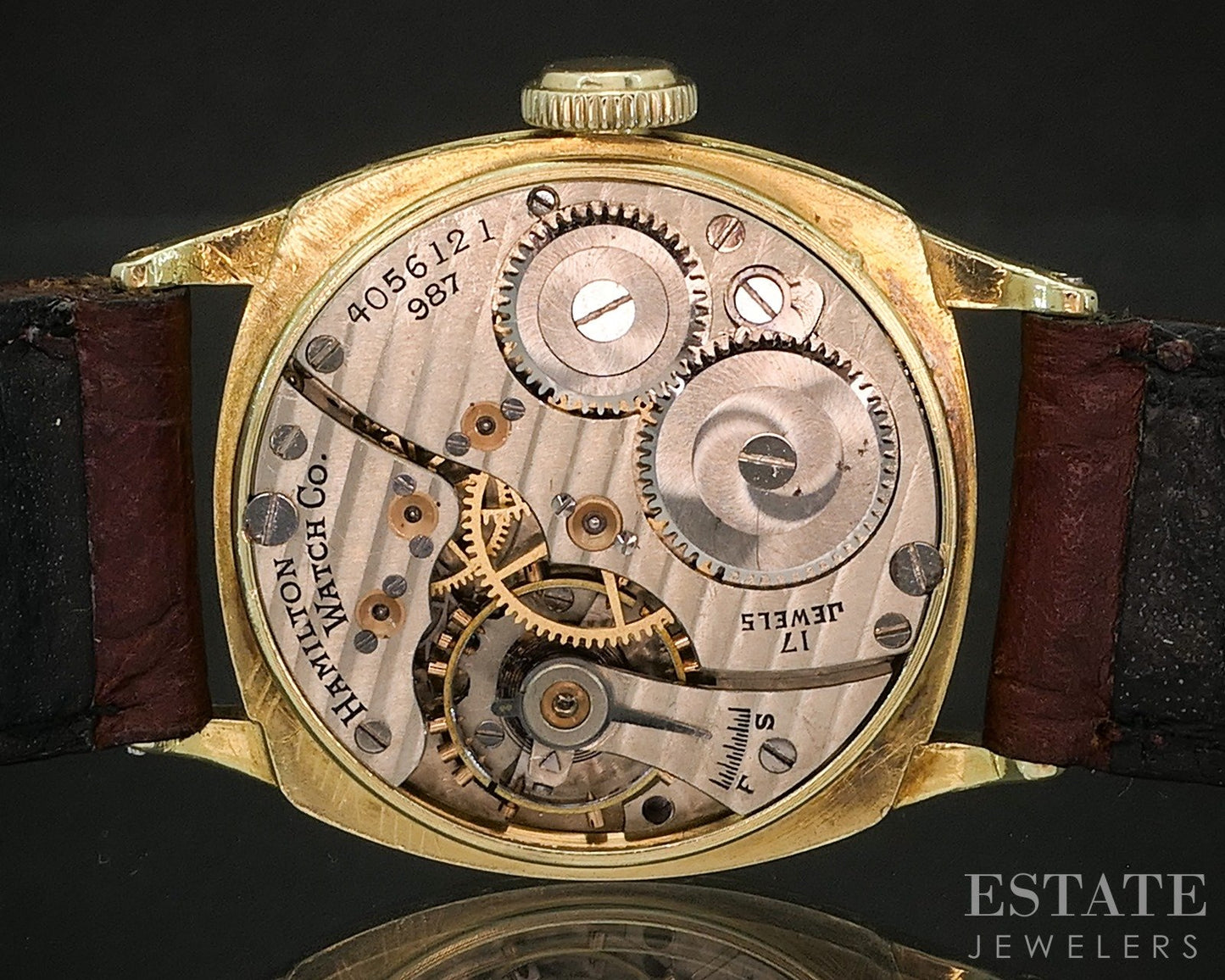 Antique 1928 14k Yellow Gold Hamilton 987 Engraved Cushion Mens Watch p17023
