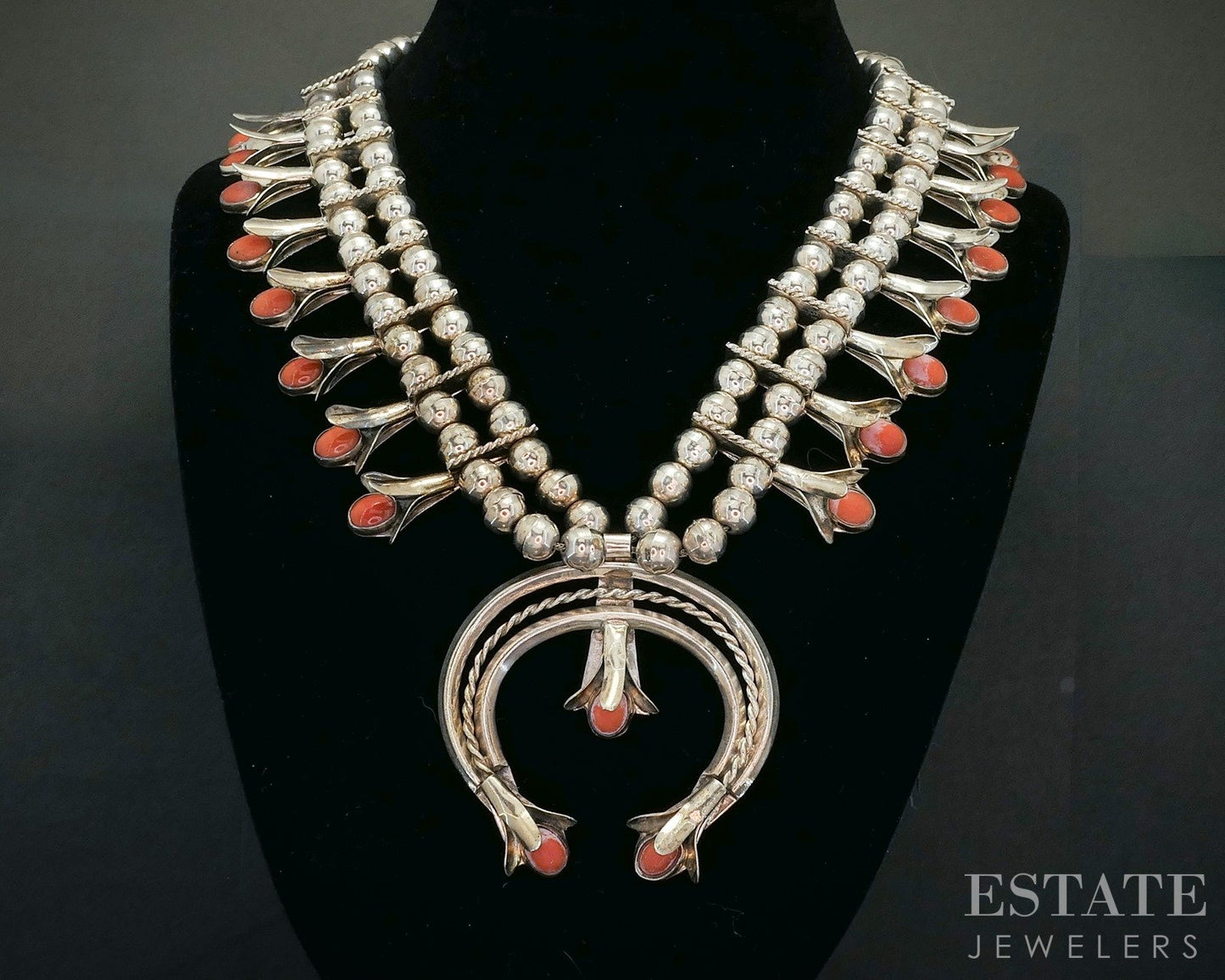 Sterling Natural Coral Navajo Squash Blossom Necklace 162g p18744