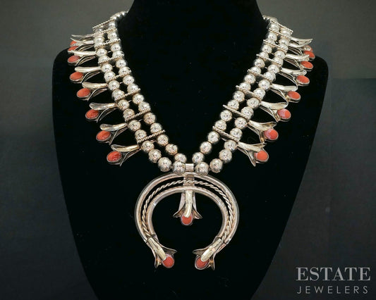 Sterling Natural Coral Navajo Squash Blossom Necklace 162g p18744