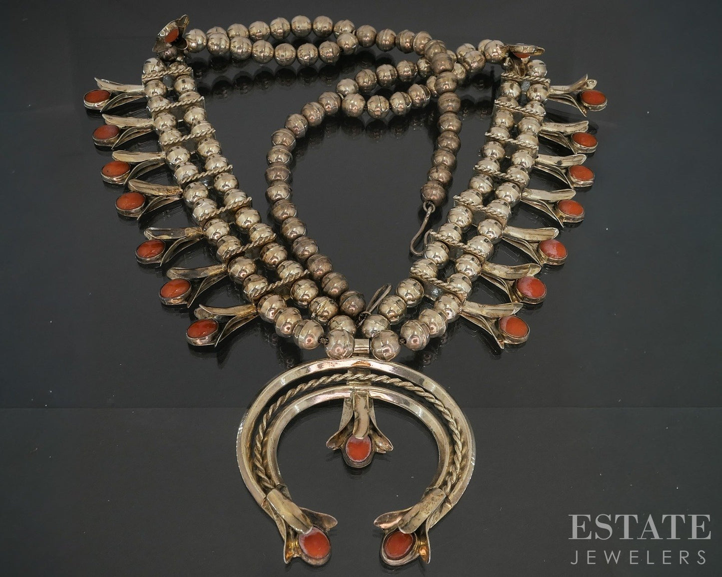 Sterling Natural Coral Navajo Squash Blossom Necklace 162g p18744