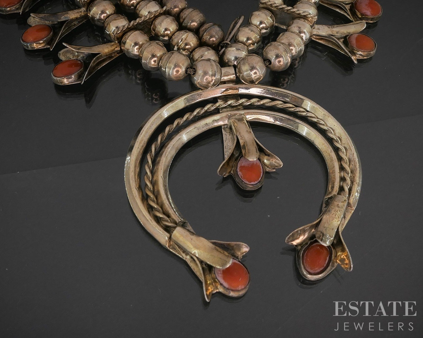 Sterling Natural Coral Navajo Squash Blossom Necklace 162g p18744