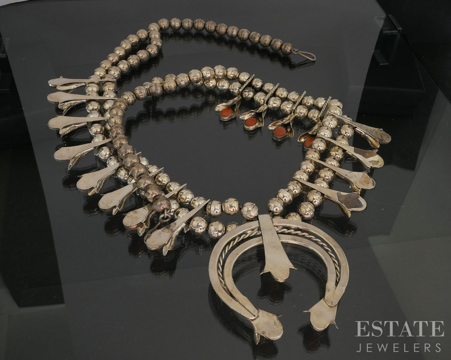 Sterling Natural Coral Navajo Squash Blossom Necklace 162g p18744