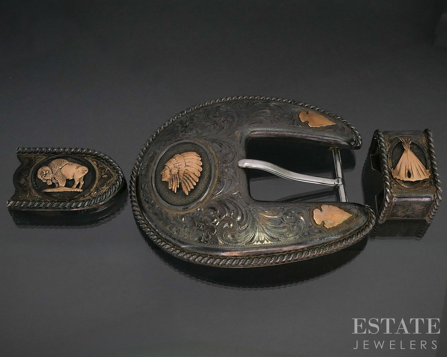Vintage Sterling & 10k GF Southwestern GIST Belt Buckle Ranger Set 129g p20300