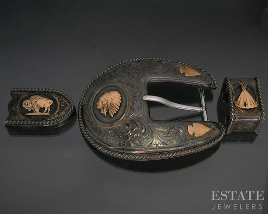Vintage Sterling & 10k GF Southwestern GIST Belt Buckle Ranger Set 129g p20300