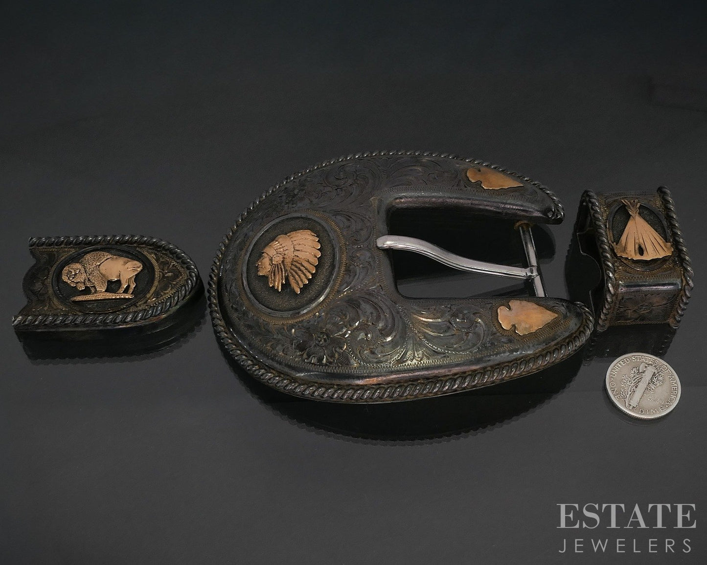 Vintage Sterling & 10k GF Southwestern GIST Belt Buckle Ranger Set 129g p20300