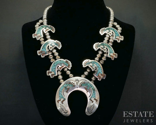 Sterling Turquoise Coral Kokopelli Navajo Squash Blossom Necklace 81g p18742