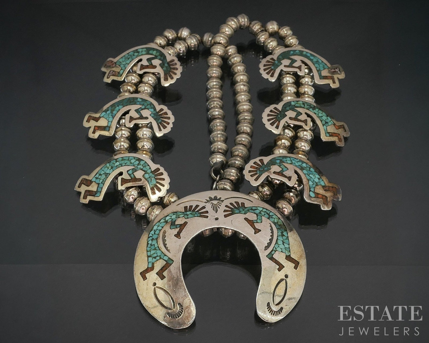 Sterling Turquoise Coral Kokopelli Navajo Squash Blossom Necklace 81g p18742