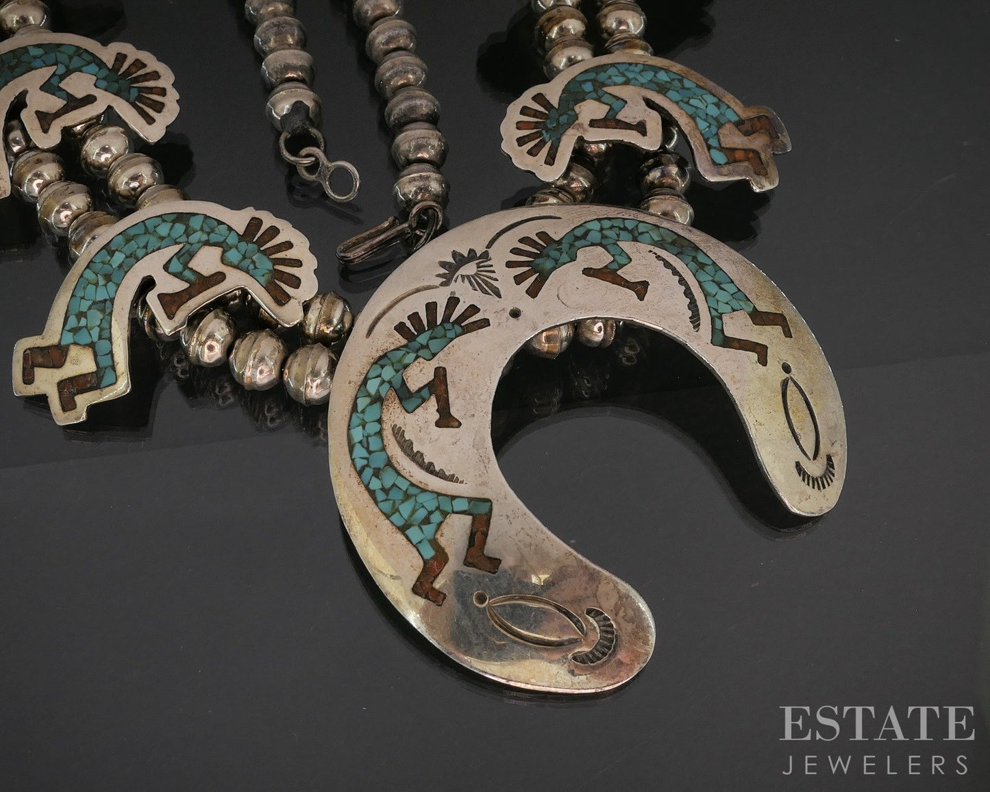 Sterling Turquoise Coral Kokopelli Navajo Squash Blossom Necklace 81g p18742