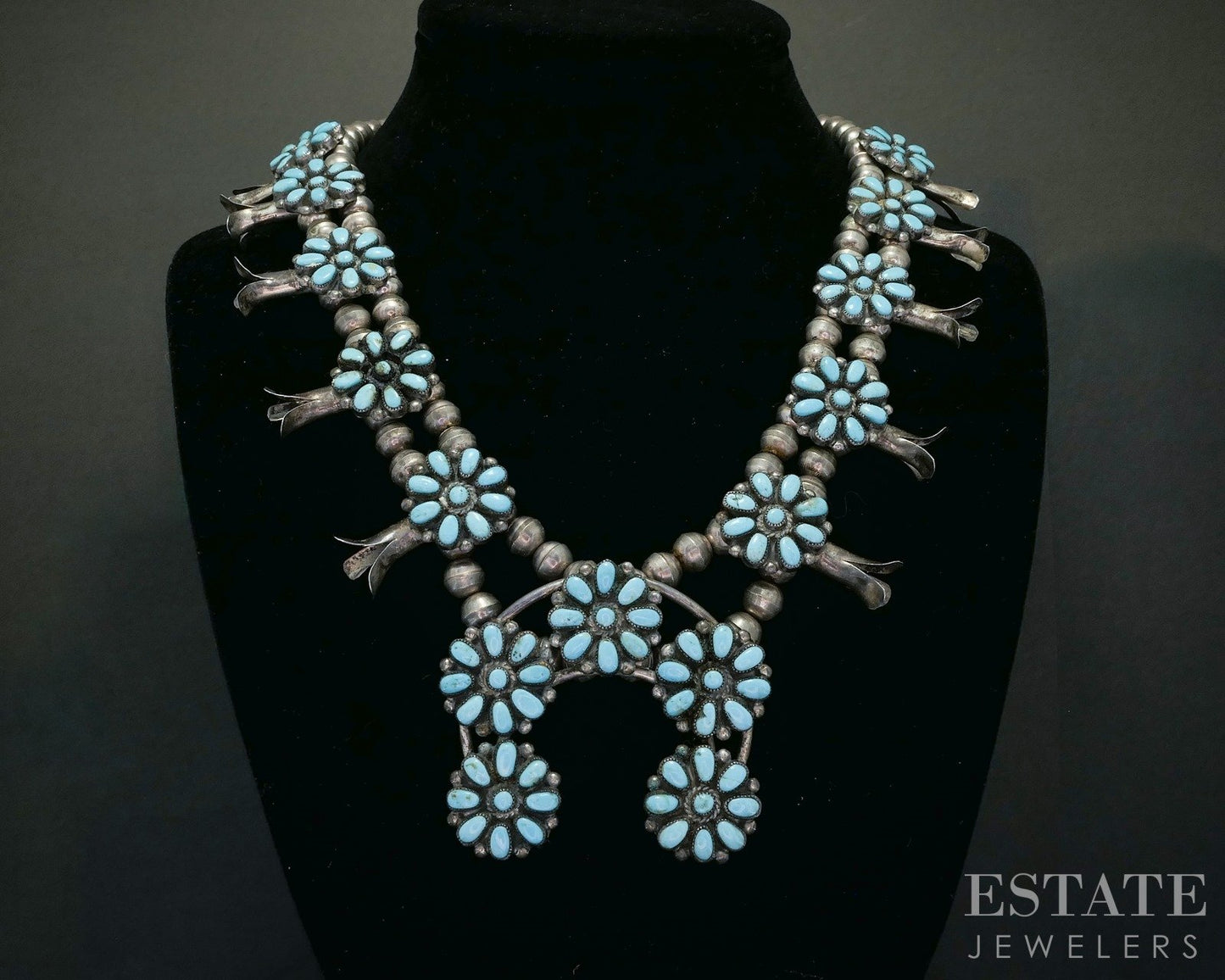 Sterling Natural Turquoise Cluster Navajo Squash Blossom Necklace 100g p19418