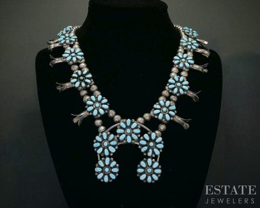 Sterling Natural Turquoise Cluster Navajo Squash Blossom Necklace 100g p19418