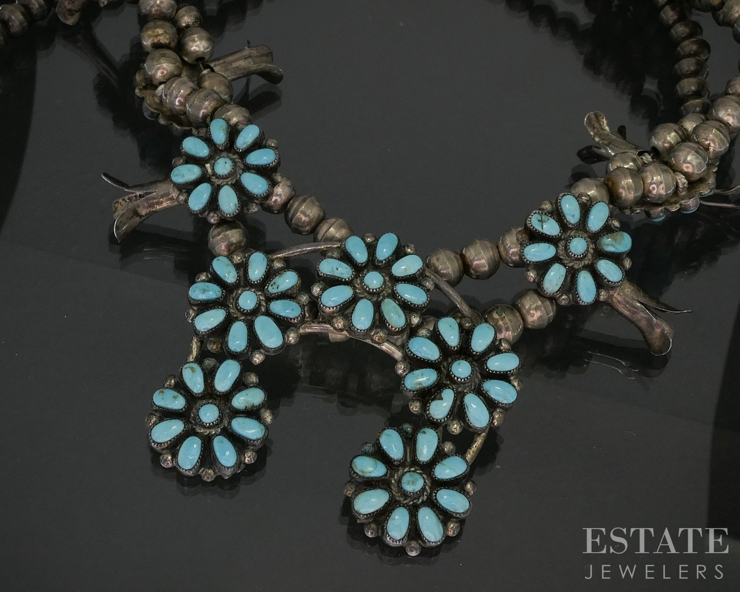 Sterling Natural Turquoise Cluster Navajo Squash Blossom Necklace 100g p19418