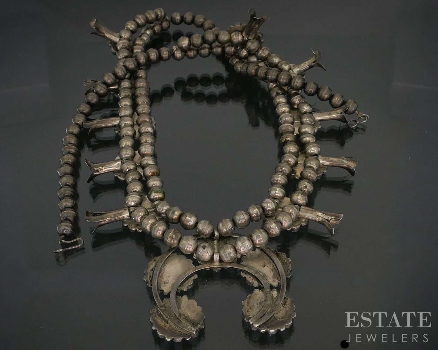 Sterling Natural Turquoise Cluster Navajo Squash Blossom Necklace 100g p19418