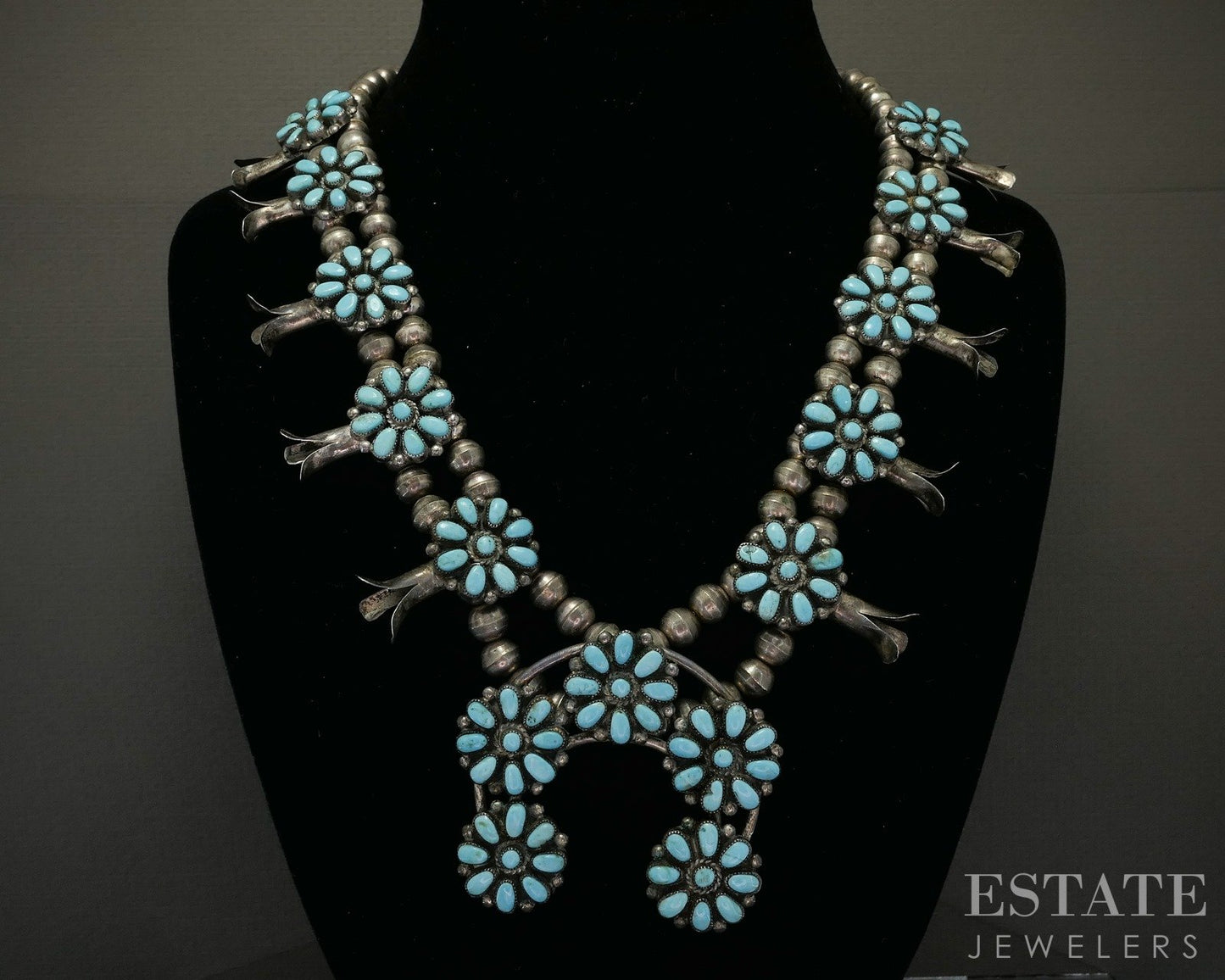 Sterling Natural Turquoise Cluster Navajo Squash Blossom Necklace 100g p19418