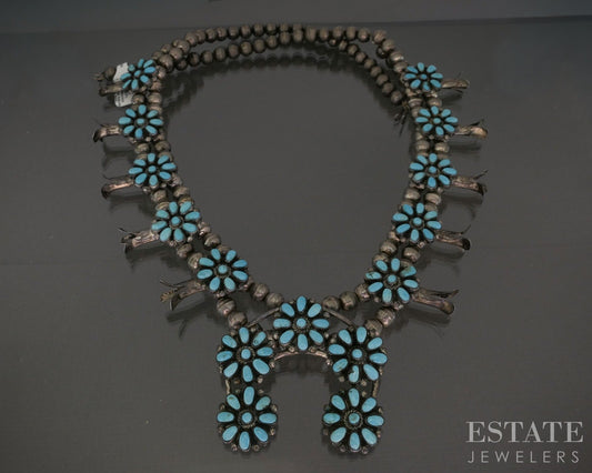 Sterling Natural Turquoise Cluster Navajo Squash Blossom Necklace 100g p19418