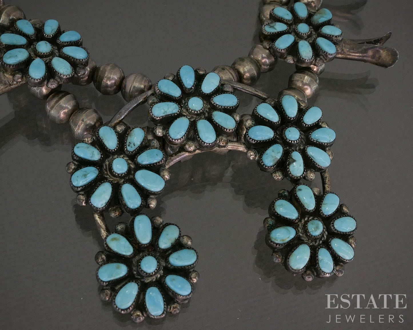 Sterling Natural Turquoise Cluster Navajo Squash Blossom Necklace 100g p19418