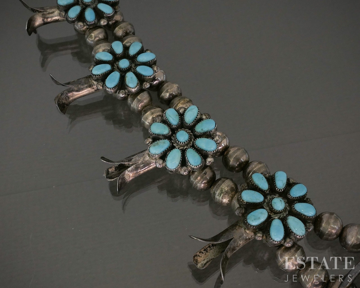 Sterling Natural Turquoise Cluster Navajo Squash Blossom Necklace 100g p19418