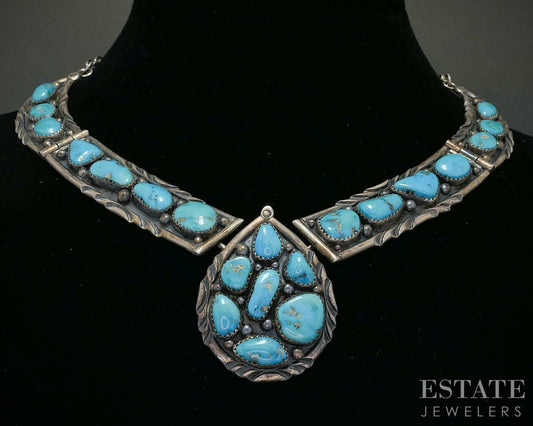 Sterling Natural Turquoise Navajo John Chavez Bib Necklace 65g 18"L p18743