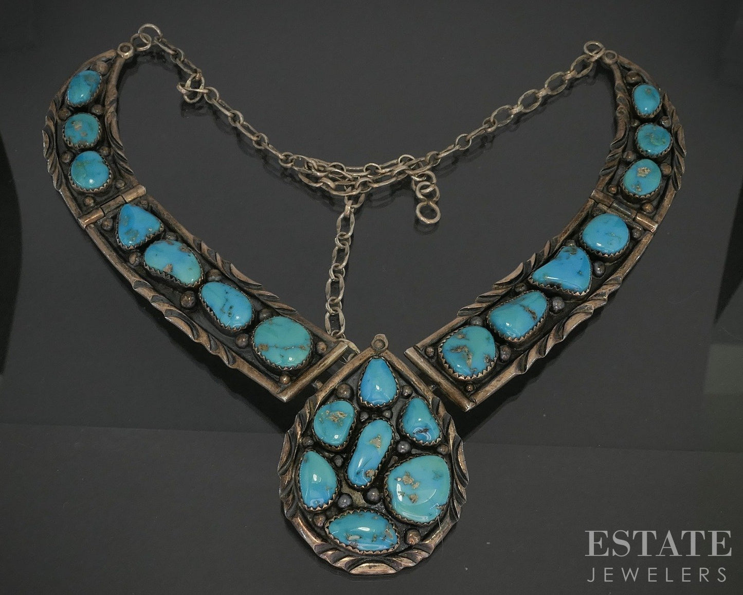 Sterling Natural Turquoise Navajo John Chavez Bib Necklace 65g 18"L p18743