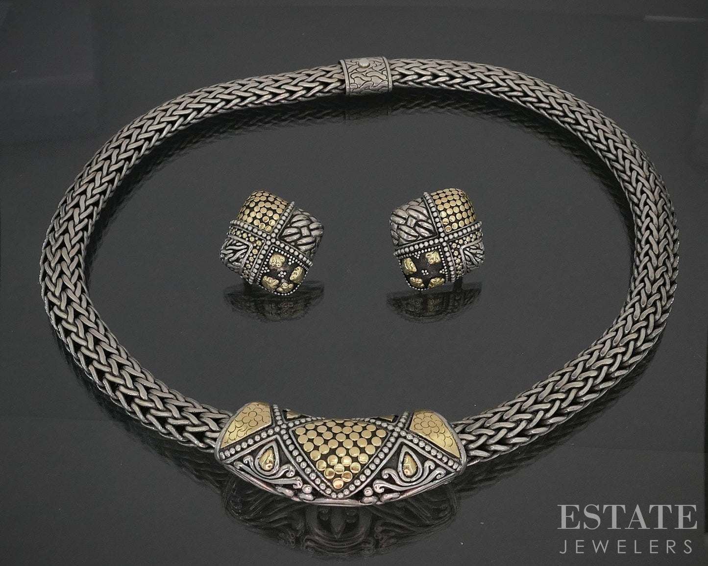 18k & Sterling John Hardy Wheat Chain Beaded Necklace Earrings Set 214g p19725