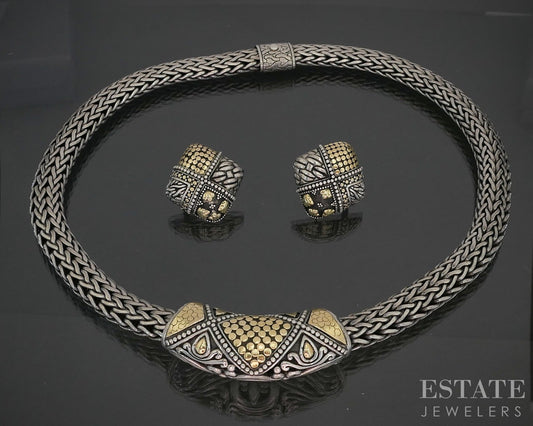 18k & Sterling John Hardy Wheat Chain Beaded Necklace Earrings Set 214g p19725