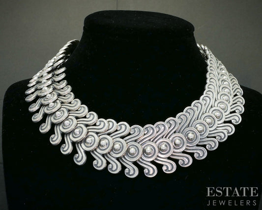 Vintage Sterling Mexico Tribal Link Collar Necklace & Earrings Set 389g p19726