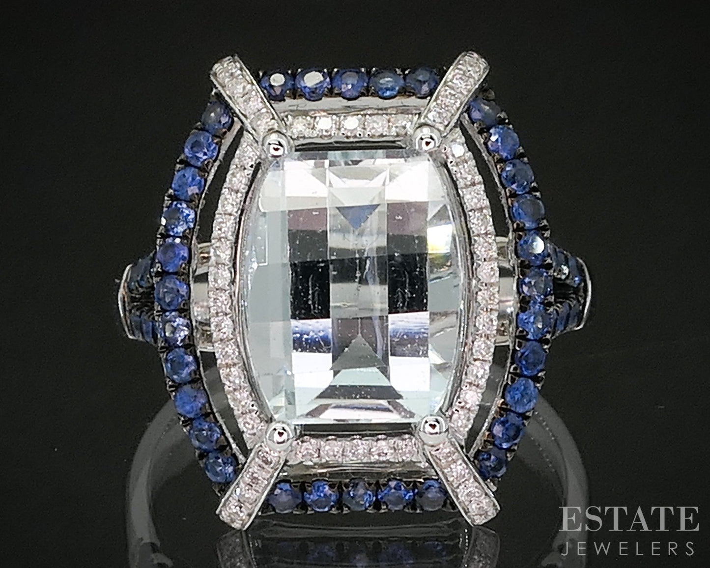 18k White Gold Natural Aquamarine Blue Sapphire & Diamond Ring 5g p19854