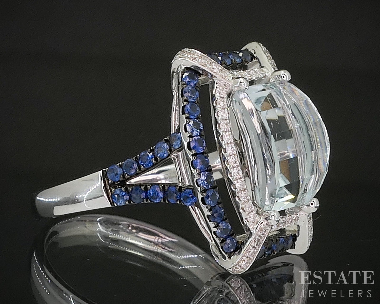 18k White Gold Natural Aquamarine Blue Sapphire & Diamond Ring 5g p19854