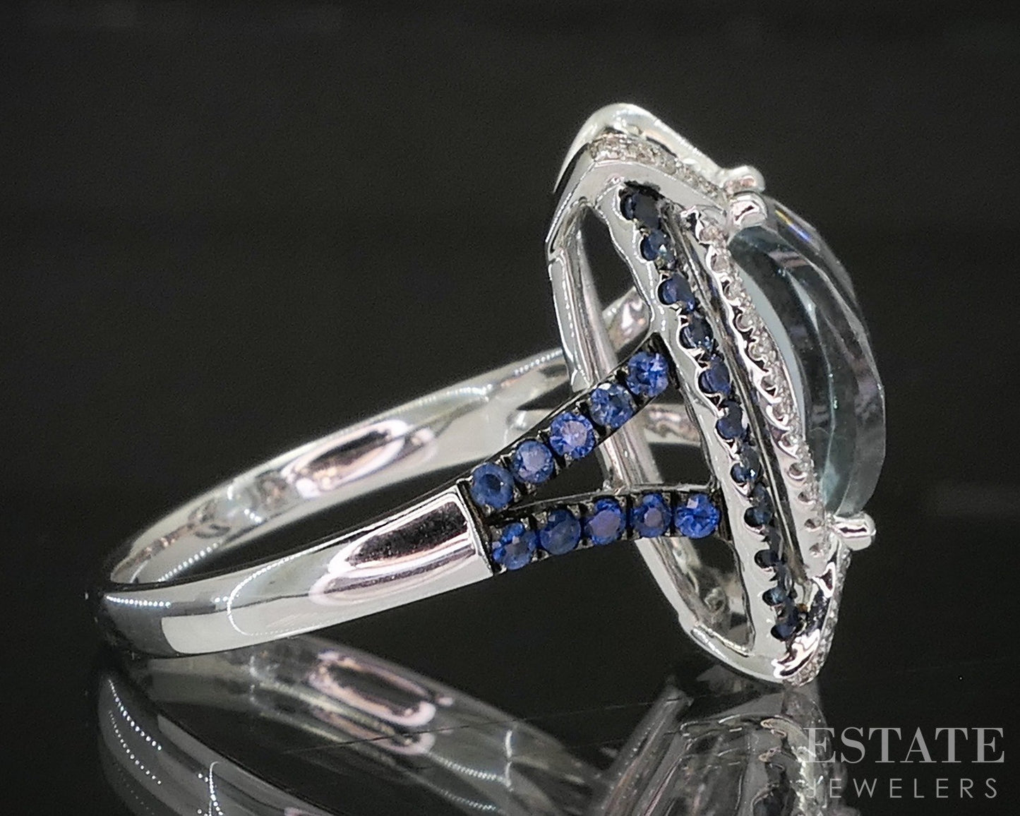 18k White Gold Natural Aquamarine Blue Sapphire & Diamond Ring 5g p19854