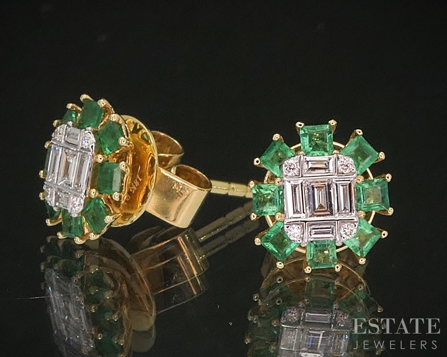 18k Yellow Gold Natural Diamond & Emerald Cluster Stud Earrings 2.4g p19860