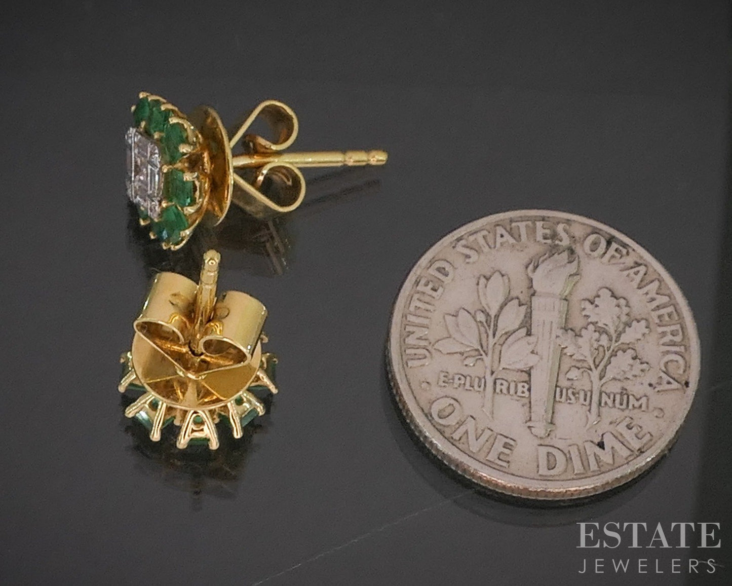 18k Yellow Gold Natural Diamond & Emerald Cluster Stud Earrings 2.4g p19860
