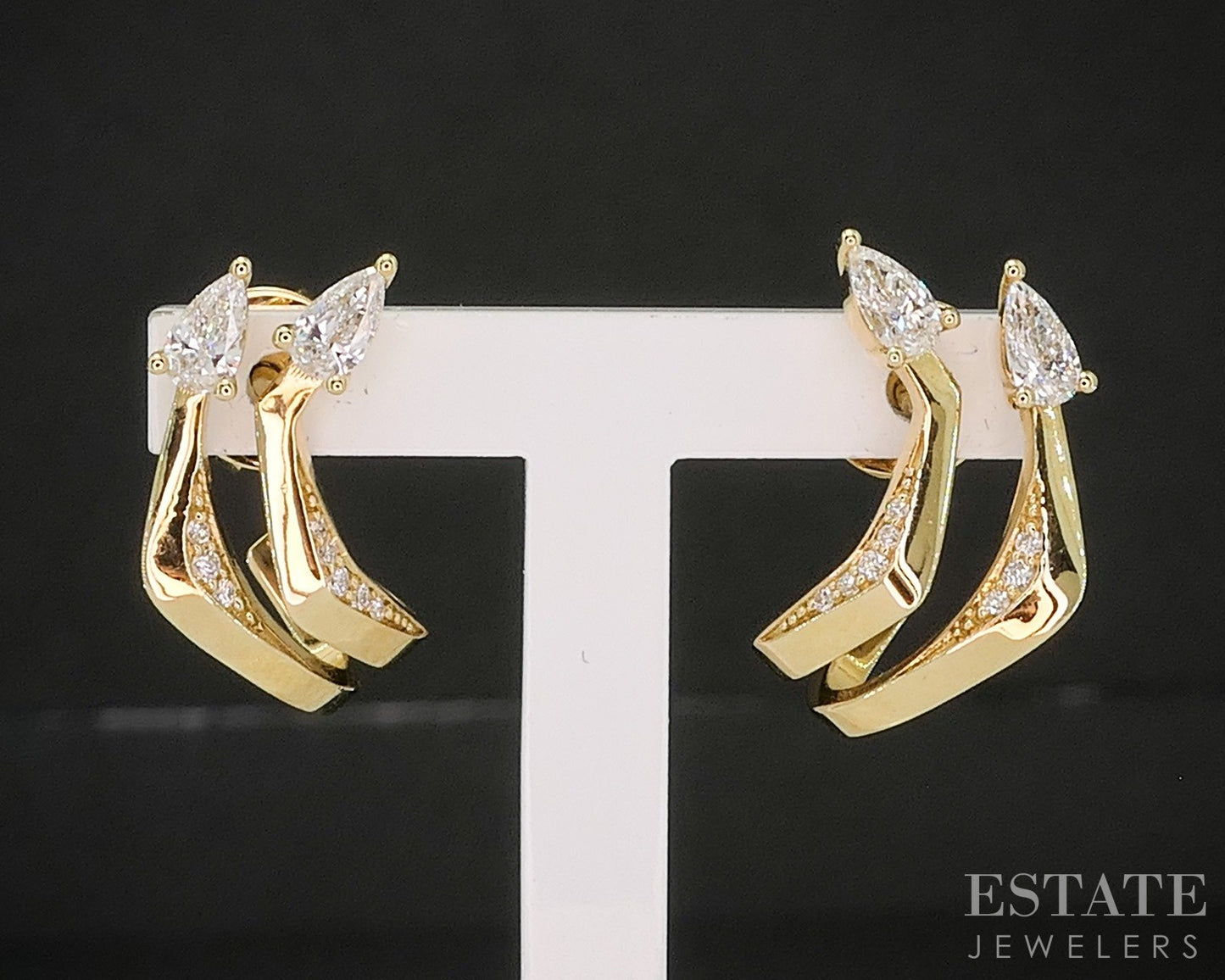 18k Yellow Gold Pear Natural .51ctw Diamond J-Hoop Earrings 4.2g p19859