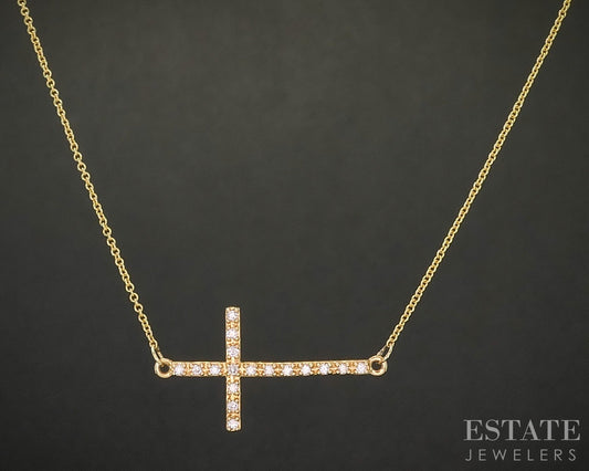 18k Yellow Gold Natural .19ctw Diamond Sideways Cross Necklace 2.6g 17"L p19861