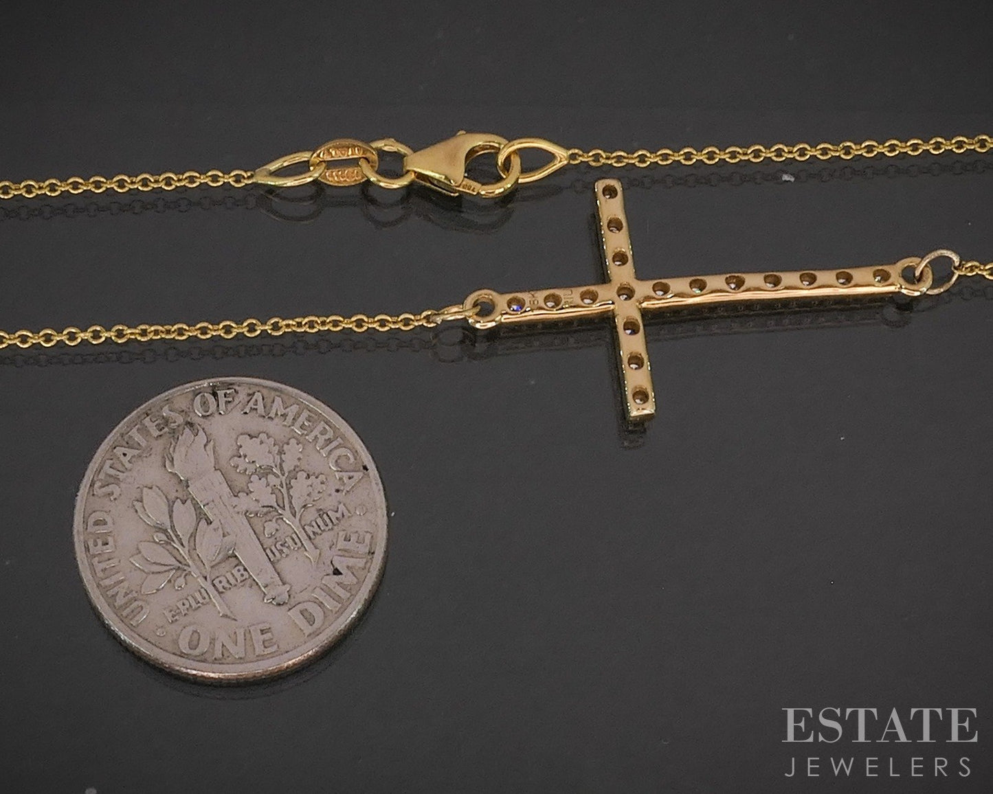 18k Yellow Gold Natural .19ctw Diamond Sideways Cross Necklace 2.6g 17"L p19861