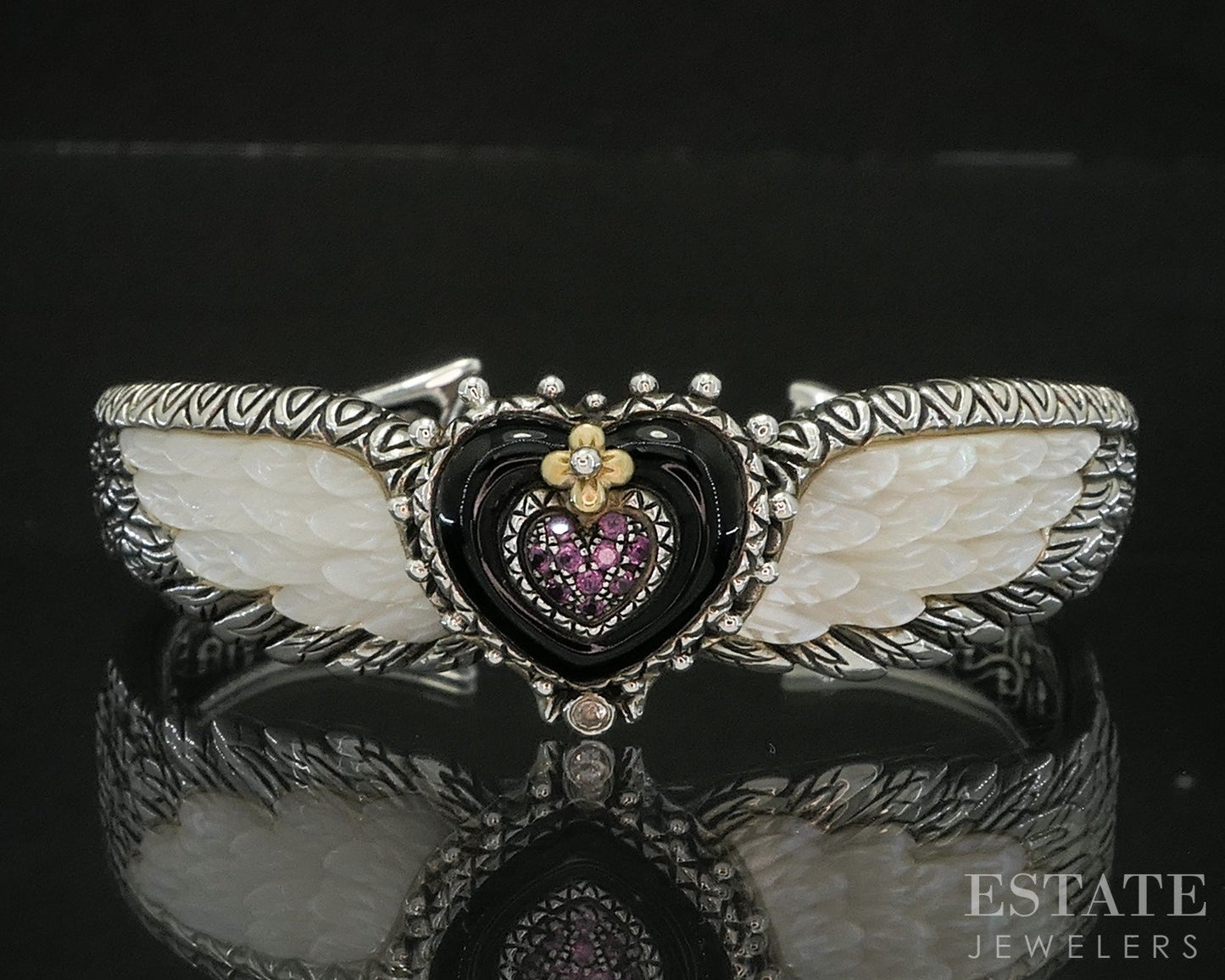 18k & Sterling Barbara Bixby Multi Gem Winged Heart Cuff Bracelet 44.5g p16730