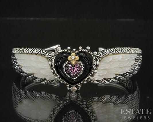 18k & Sterling Barbara Bixby Multi Gem Winged Heart Cuff Bracelet 44.5g p16730