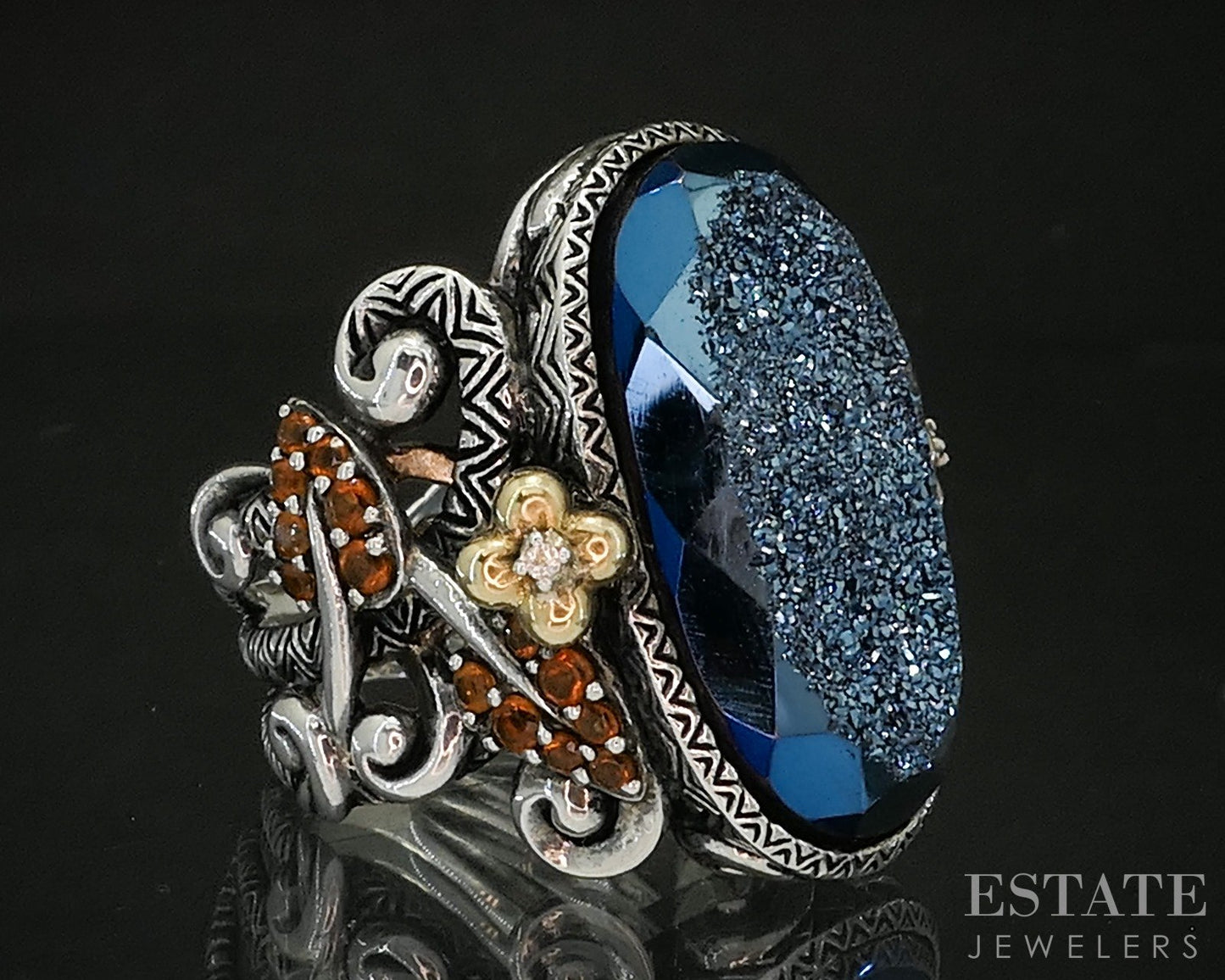 18k & Sterling Barbara Bixby Druzy Quartz Citrine Topaz Lotus Ring 17.3g p17098