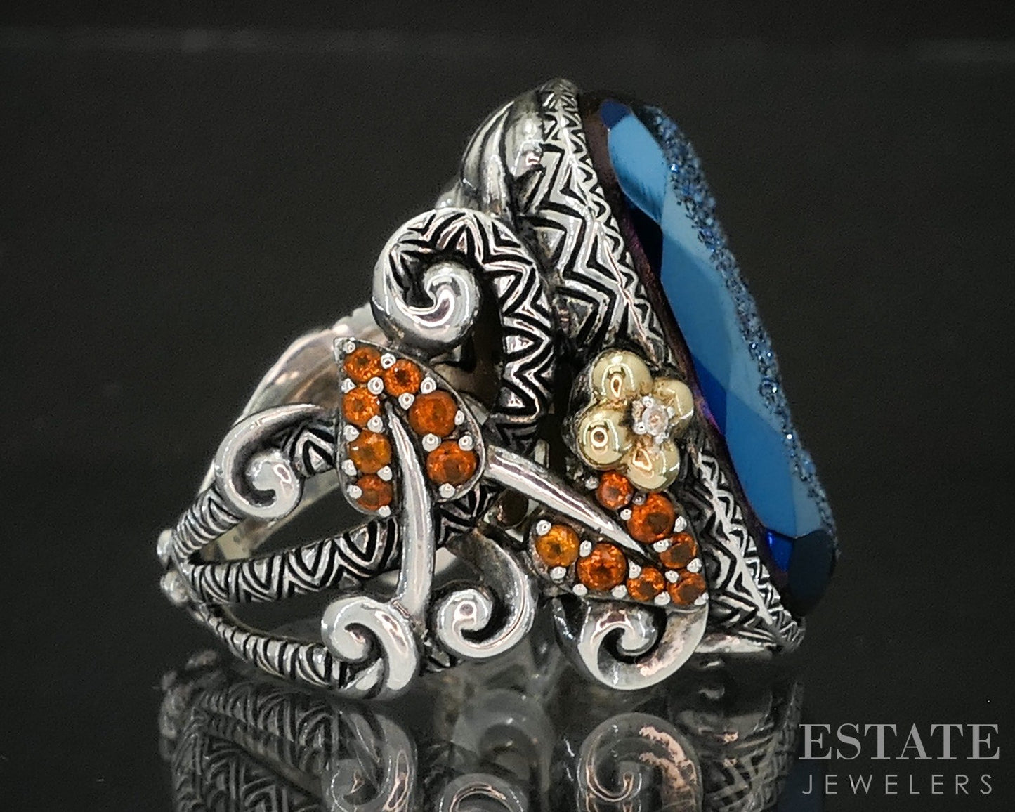 18k & Sterling Barbara Bixby Druzy Quartz Citrine Topaz Lotus Ring 17.3g p17098
